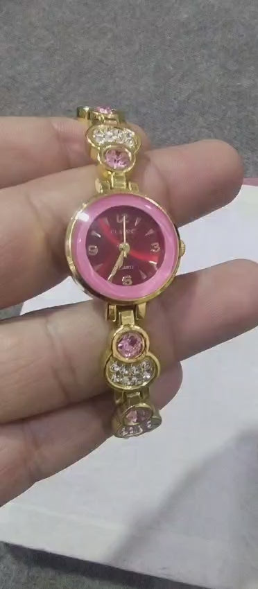 Ladies Beautiful Women’s Watch In Pink With Golden Stainless Steel Strap