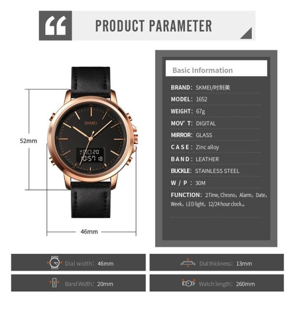 Skmei Men’s Fashion Digital Watch Analog Leather Multifunctional Waterproof Men’s Watch 1652